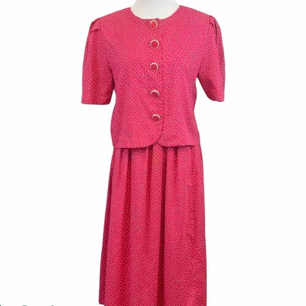 Vintage two piece pink micro polka dot skirt set